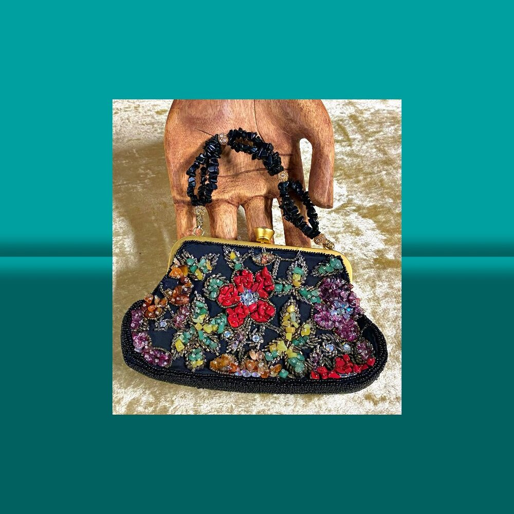 YILIN “House of Yilin” Luxury Black Satin Multicolor Beaded Cocktail Handbag
